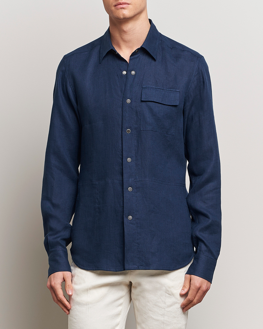 Heren | Overhemden | Kiton | Pure Linen Overshirt Dark Blue