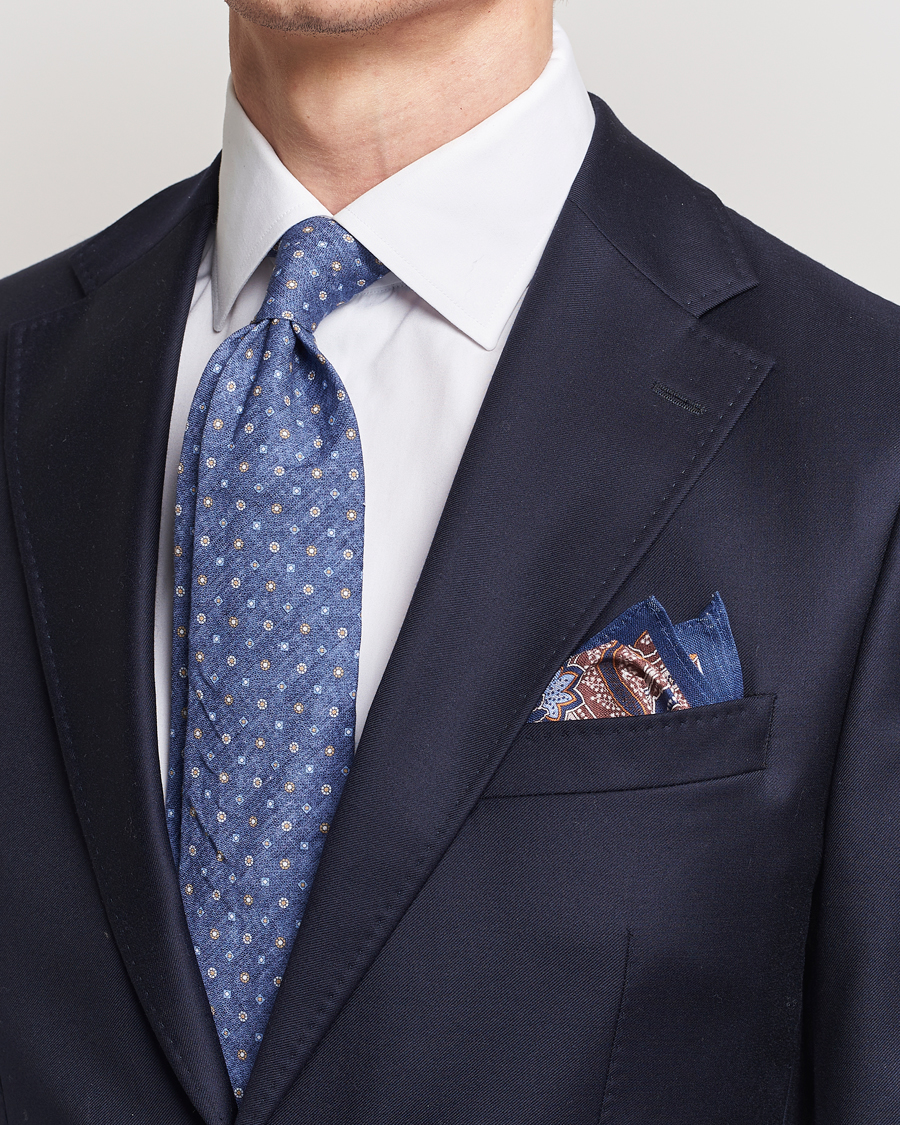 Heren | Business & Beyond | Amanda Christensen | Box Set Printed Linen 8cm Tie With Pocket Square Navy