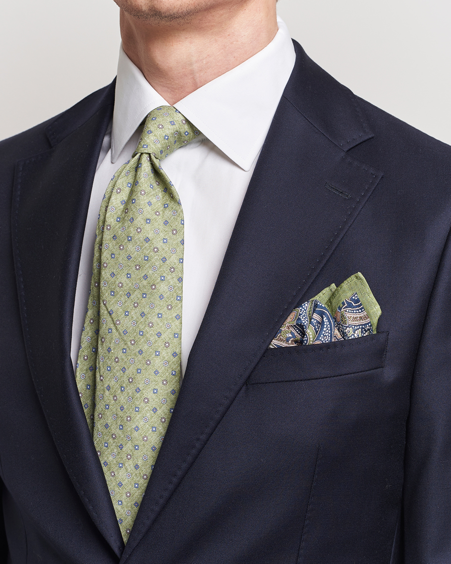 Heren |  | Amanda Christensen | Box Set Printed Linen 8cm Tie With Pocket Square Green