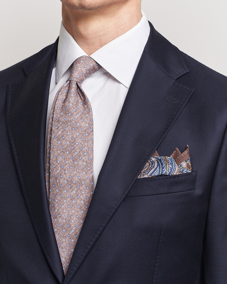 Men | Smart Casual | Amanda Christensen | Box Set Printed Linen 8cm Tie With Pocket Square Brown