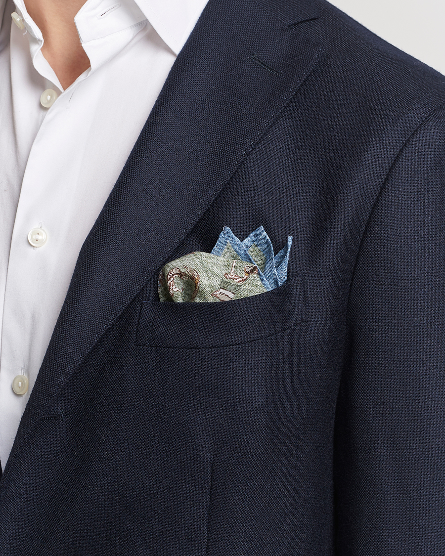 Men | Business Casual | Amanda Christensen | Linen Printed Surfer Pocket Square Green