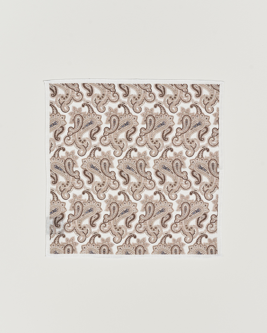 Heren | Amanda Christensen Linen Printed Large Paisley Pocket Square White | Amanda Christensen | Linen Printed Large Paisley Pocket Square White