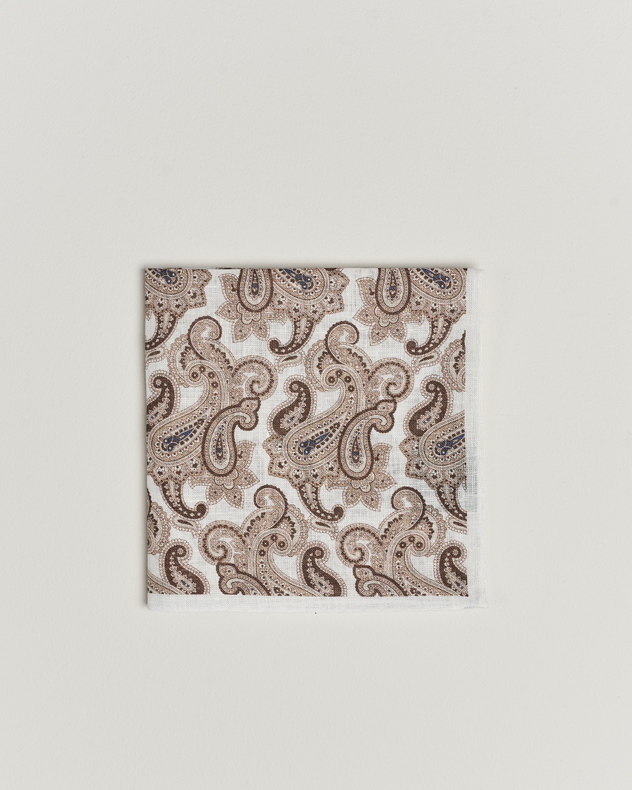 Heren | Amanda Christensen Linen Printed Large Paisley Pocket Square White | Amanda Christensen | Linen Printed Large Paisley Pocket Square White
