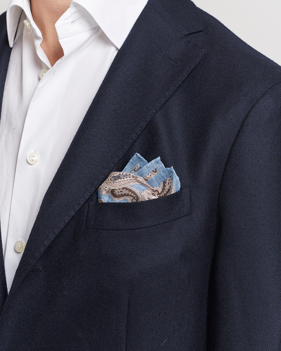 Men | Smart Casual | Amanda Christensen | Linen Printed Large Paisley Pocket Square Blue