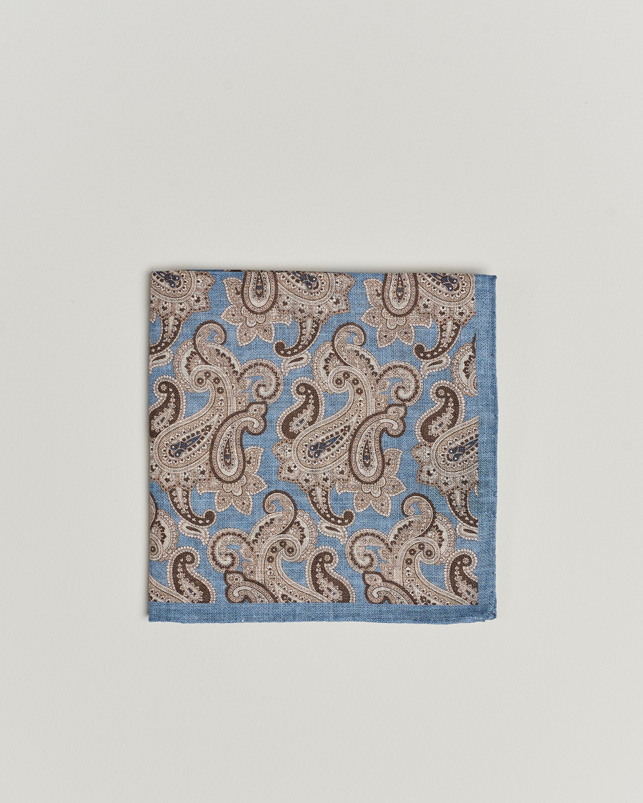Heren | Pochets | Amanda Christensen | Linen Printed Large Paisley Pocket Square Blue