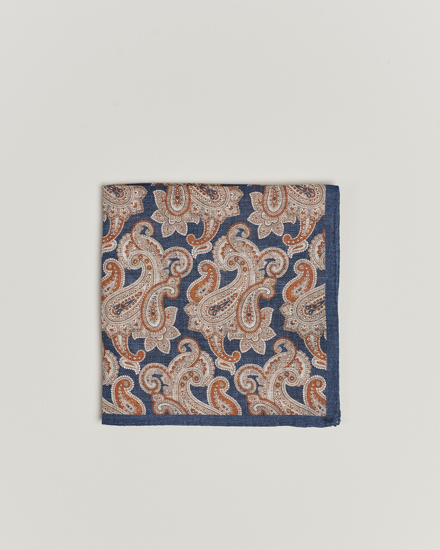 Heren | Pochets | Amanda Christensen | Linen Printed Large Paisley Pocket Square Navy