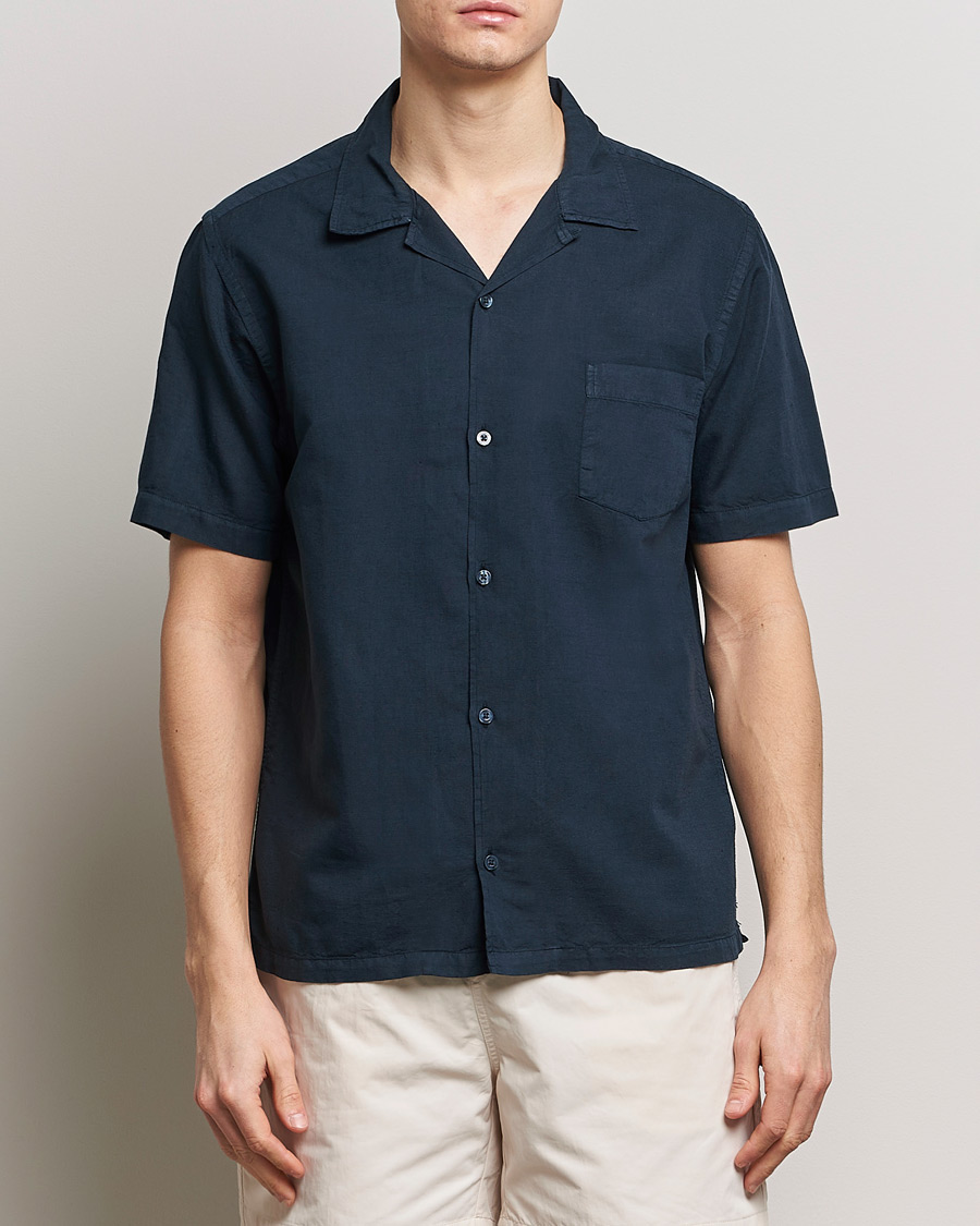 Heren | Casual | Colorful Standard | Cotton/Linen Short Sleeve Shirt Navy Blue