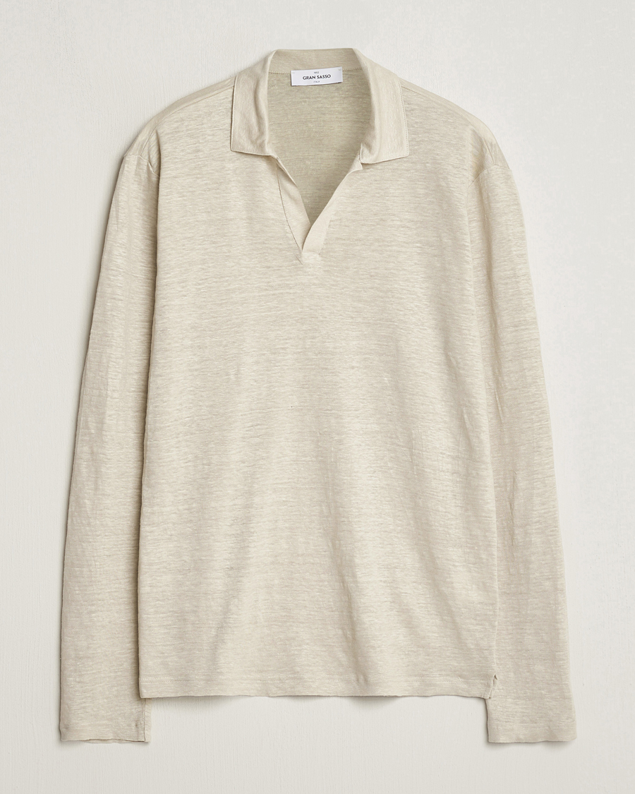 Heren | Truien | Gran Sasso | Washed Linen Long Sleeve Polo Beige Melange