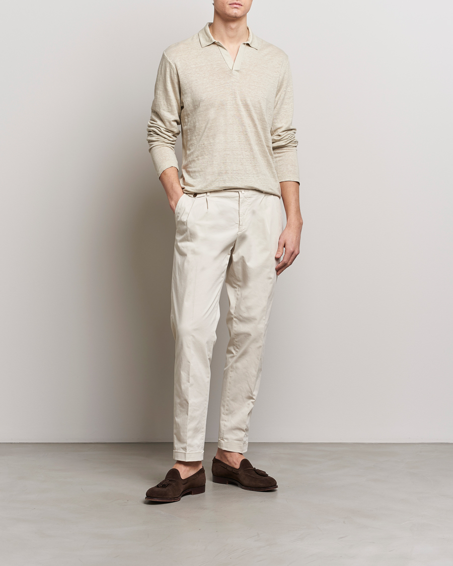 Heren | Truien | Gran Sasso | Washed Linen Long Sleeve Polo Beige Melange