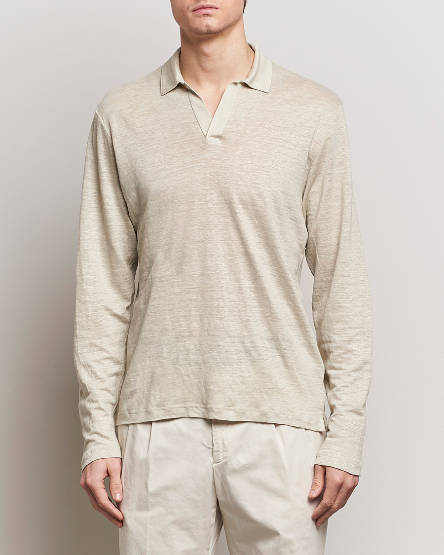 Heren | Poloshirts met lange mouwen | Gran Sasso | Washed Linen Long Sleeve Polo Beige Melange