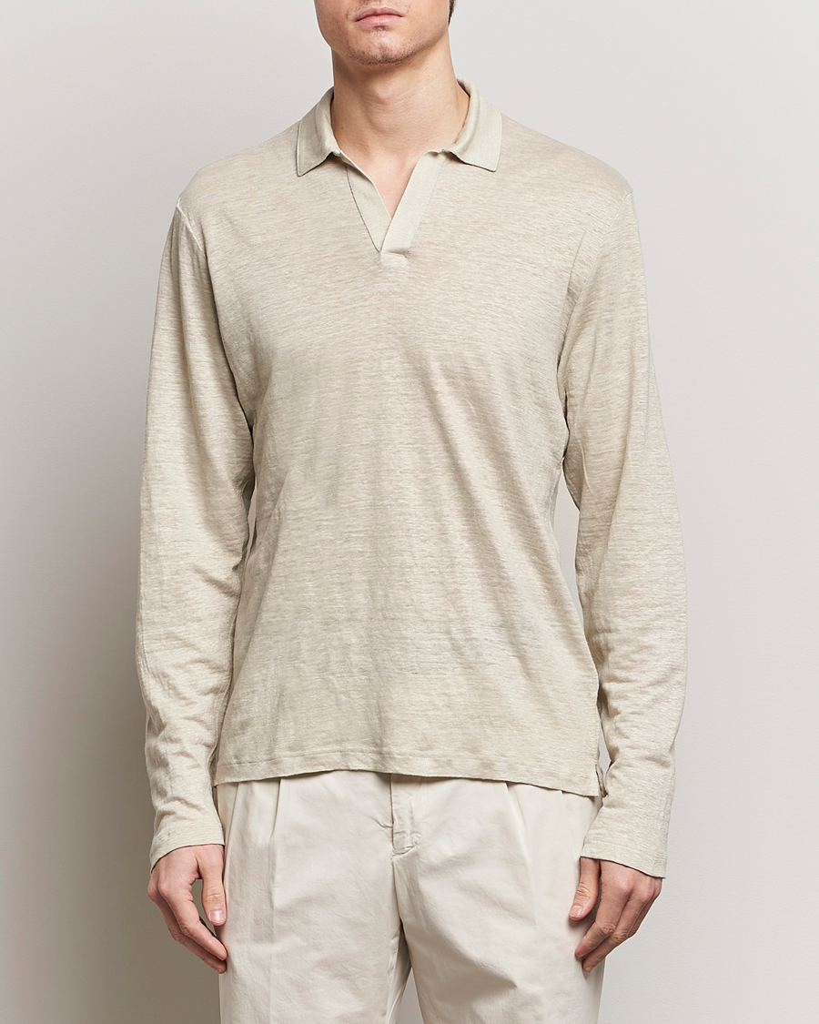 Heren | Kleding | Gran Sasso | Washed Linen Long Sleeve Polo Beige Melange