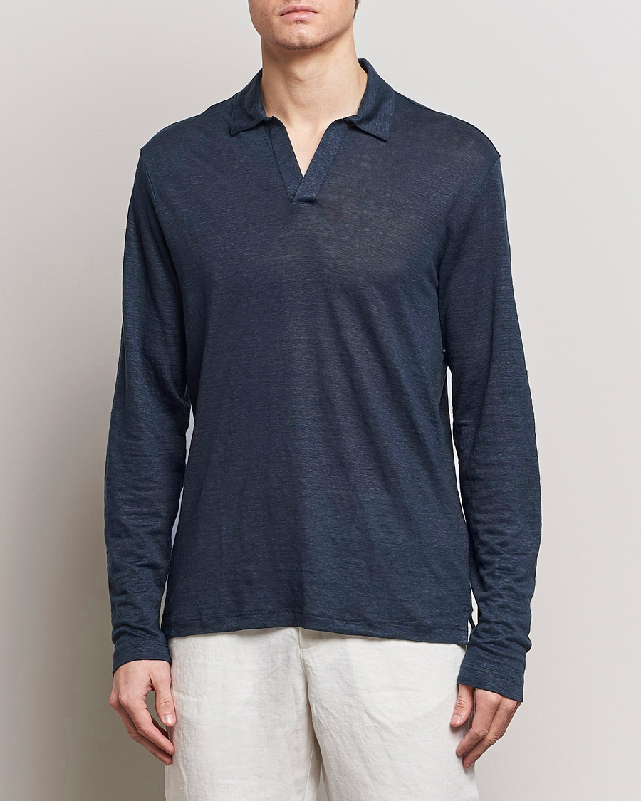 Heren | Poloshirts met lange mouwen | Gran Sasso | Washed Linen Long Sleeve Polo Navy