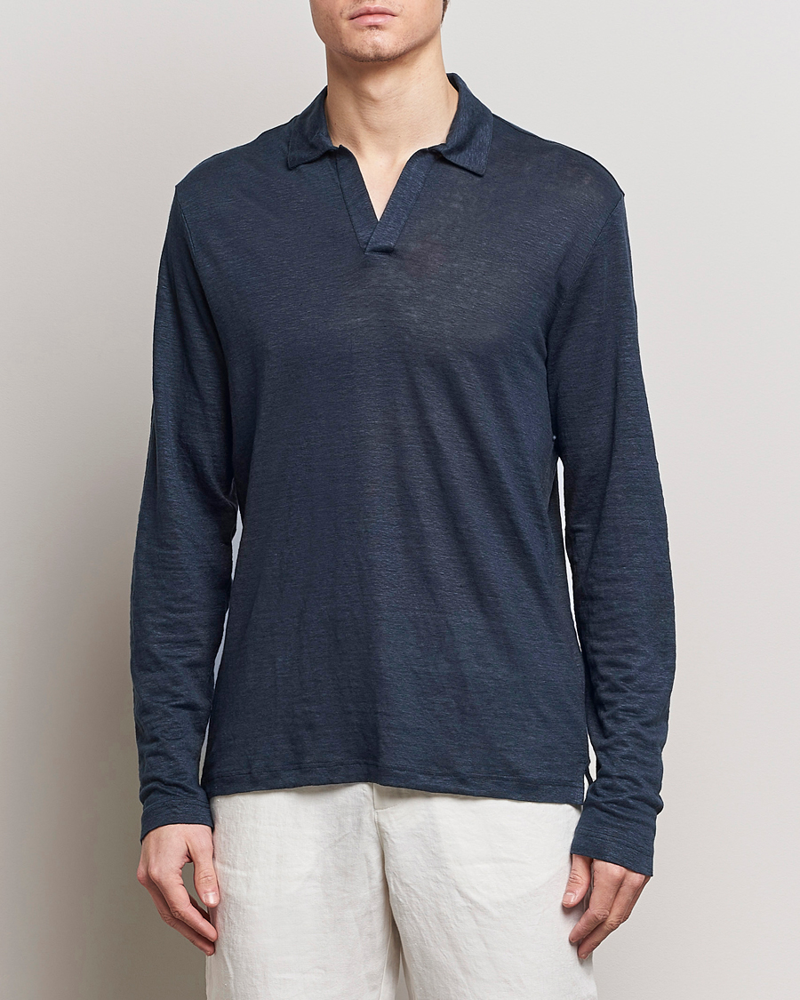 Heren | Truien | Gran Sasso | Washed Linen Long Sleeve Polo Navy