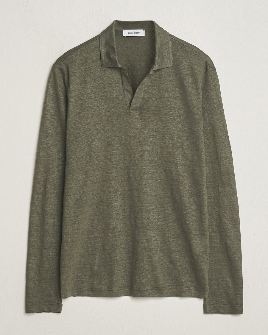 Heren | Truien | Gran Sasso | Washed Linen Long Sleeve Polo Dark Green Melange