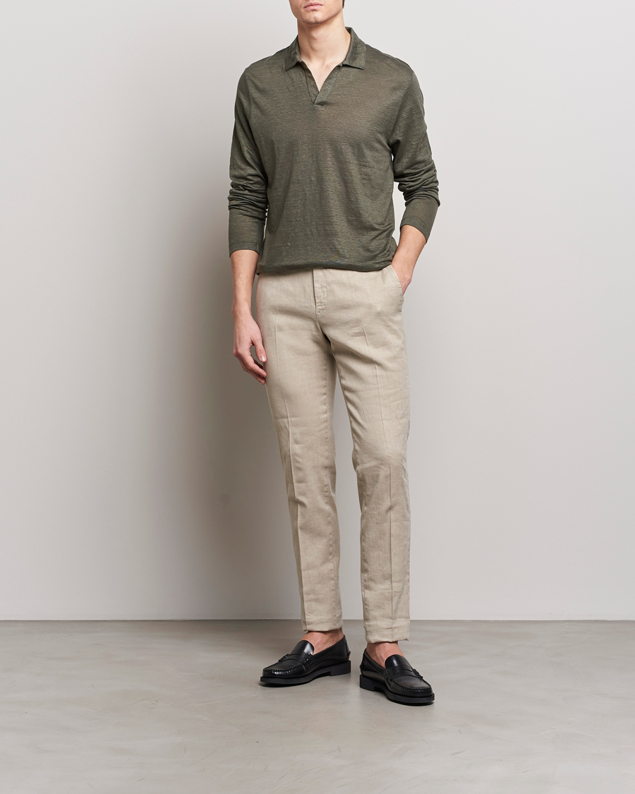 Heren | Truien | Gran Sasso | Washed Linen Long Sleeve Polo Dark Green Melange