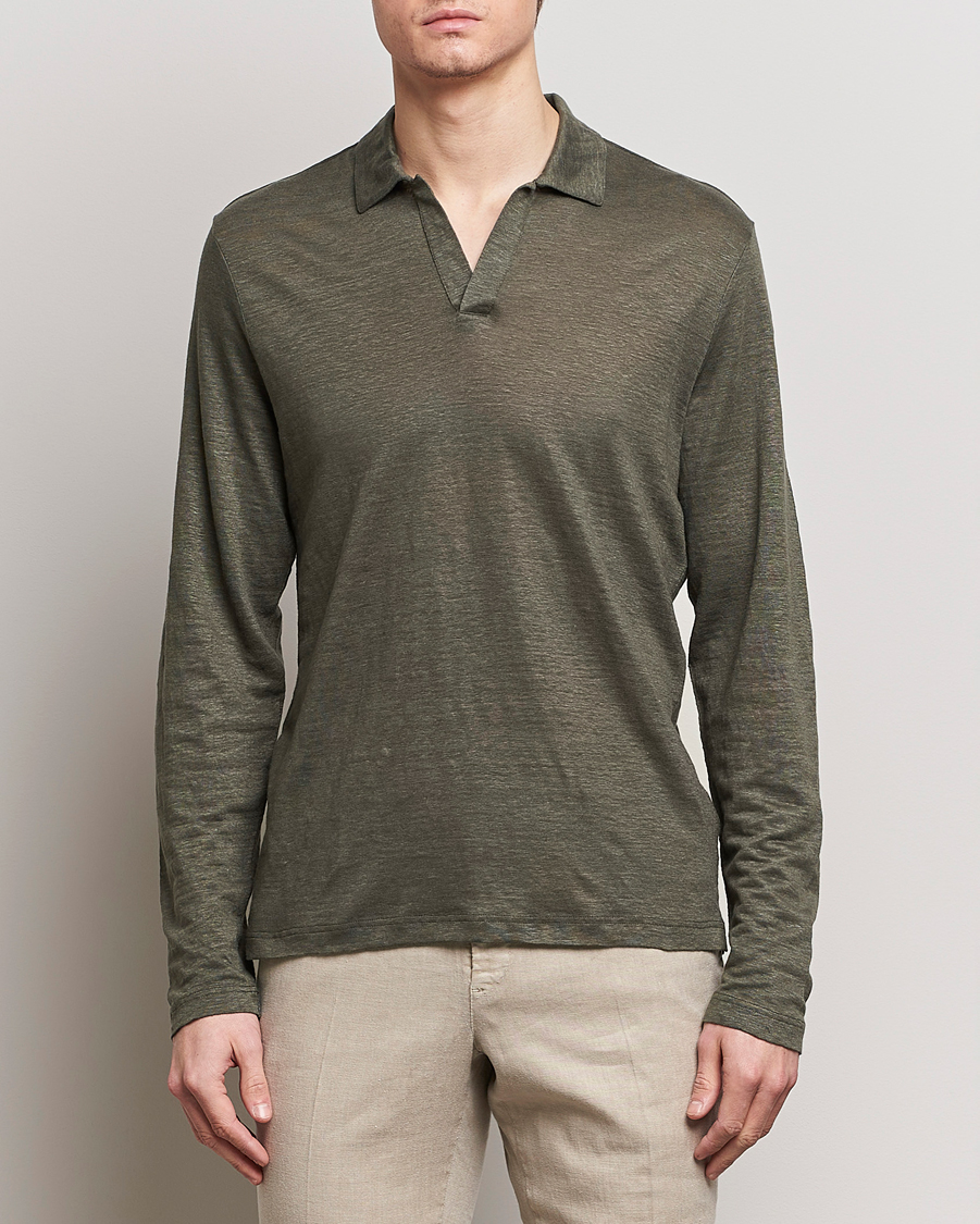 Heren | Poloshirts met lange mouwen | Gran Sasso | Washed Linen Long Sleeve Polo Dark Green Melange