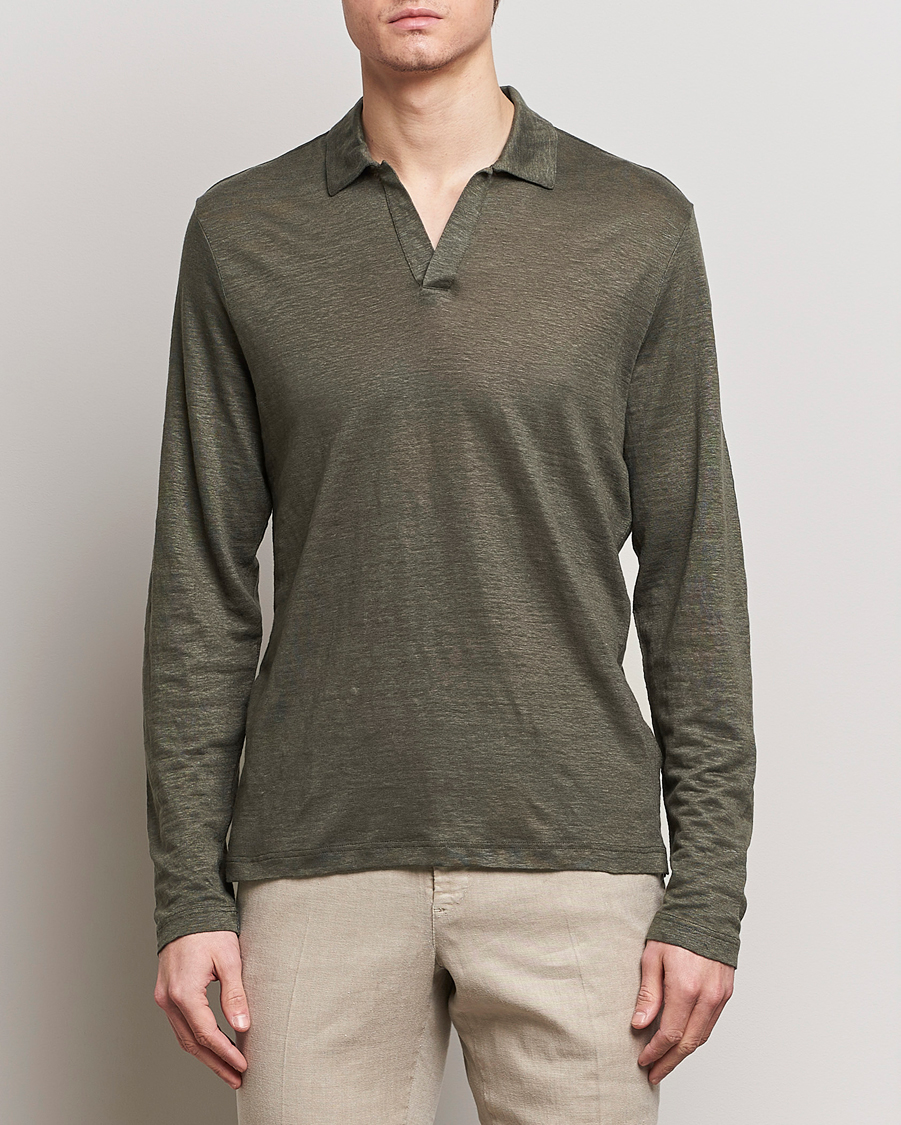 Heren | Afdelingen | Gran Sasso | Washed Linen Long Sleeve Polo Dark Green Melange