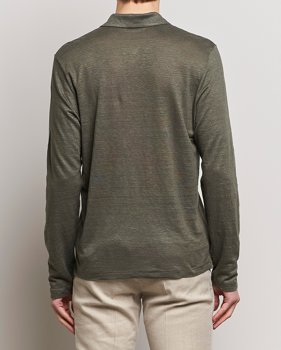 Heren | Truien | Gran Sasso | Washed Linen Long Sleeve Polo Dark Green Melange