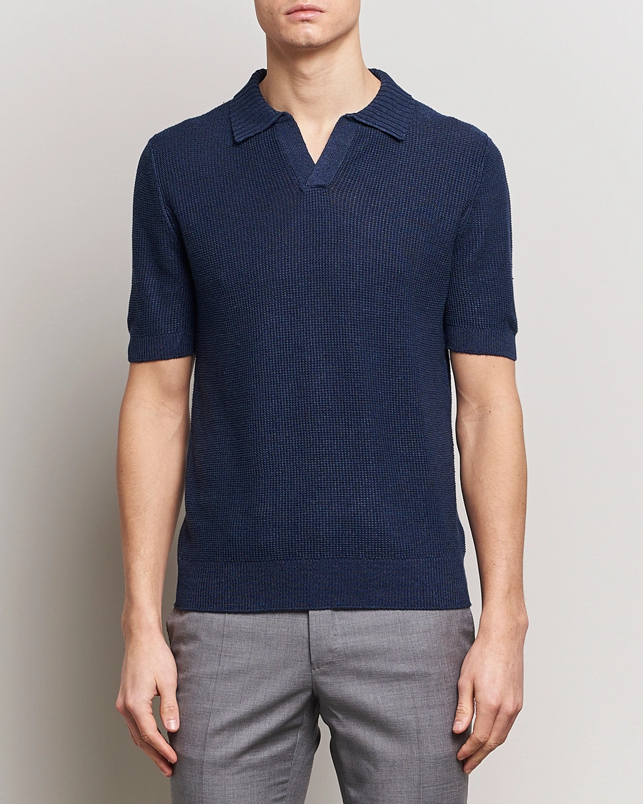 Heren | Afdelingen | Gran Sasso | Linen/Cotton Open Collar Polo Navy
