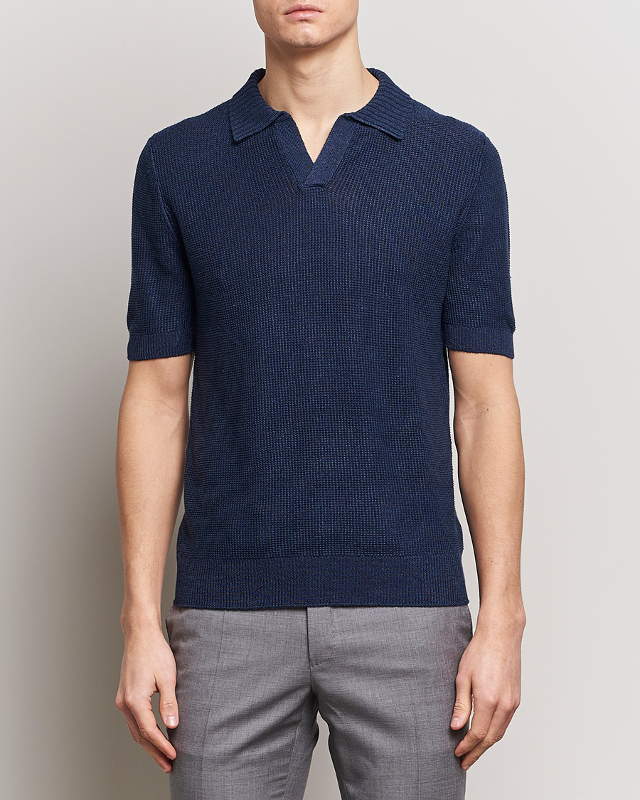 Heren | Italian Department | Gran Sasso | Linen/Cotton Open Collar Polo Navy