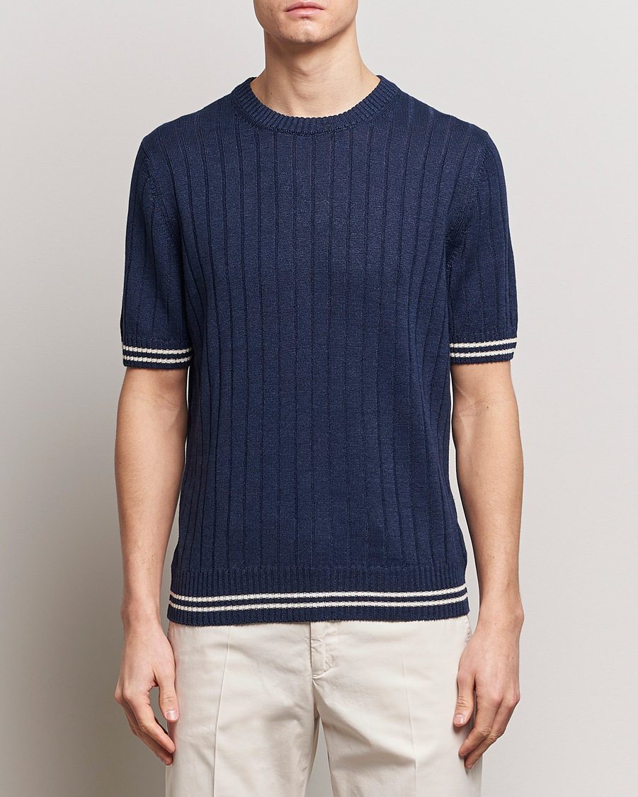 Heren | Gran Sasso | Gran Sasso | Linen/Cotton Structured T-Shirt Navy