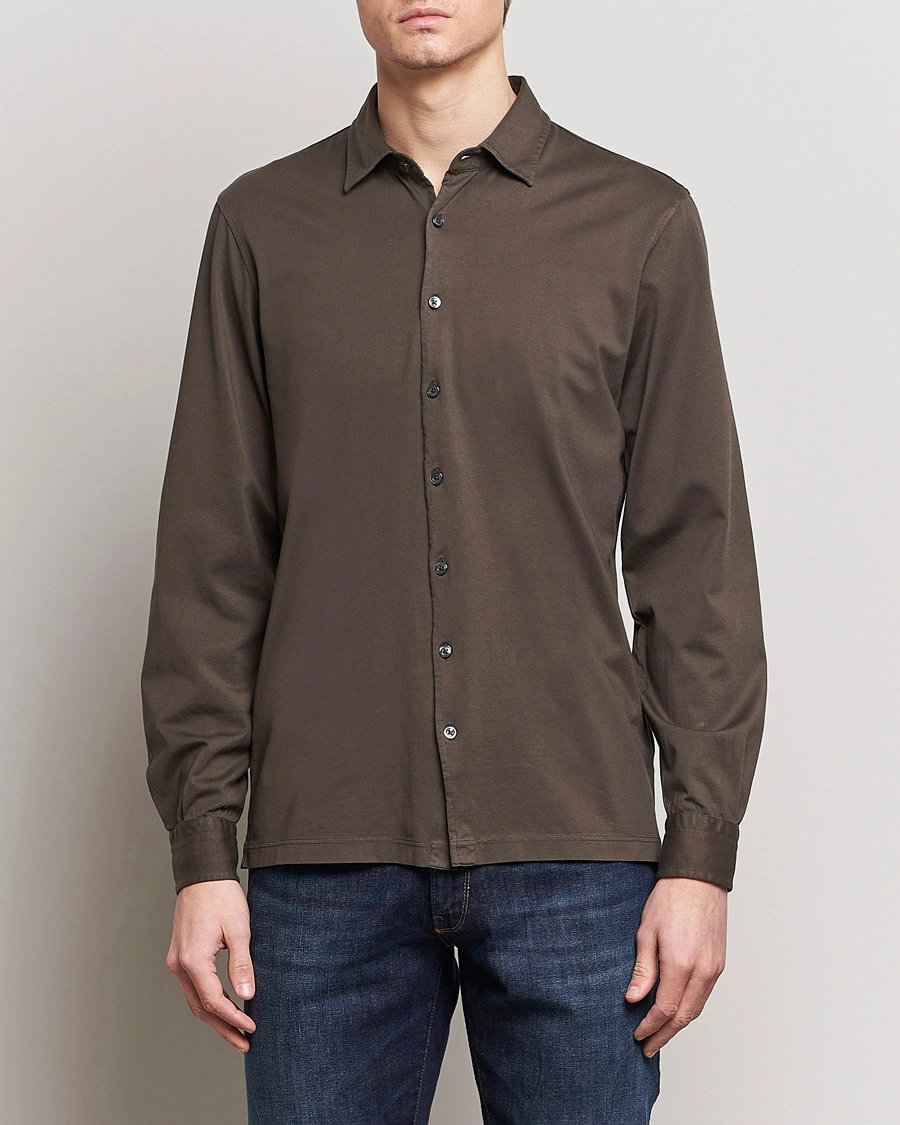 Heren | Casual | Gran Sasso | Washed Cotton Jersey Shirt Dark Brown