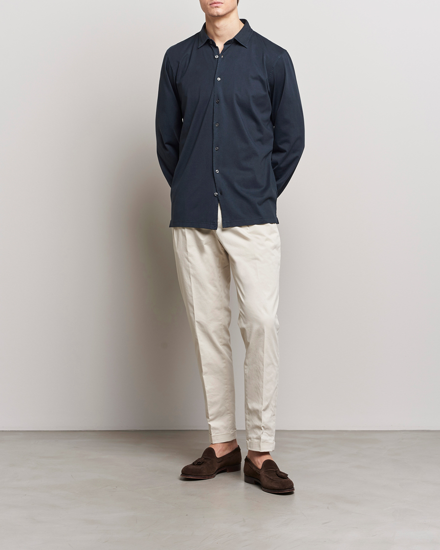 Heren | Overhemden | Gran Sasso | Washed Cotton Jersey Shirt Navy