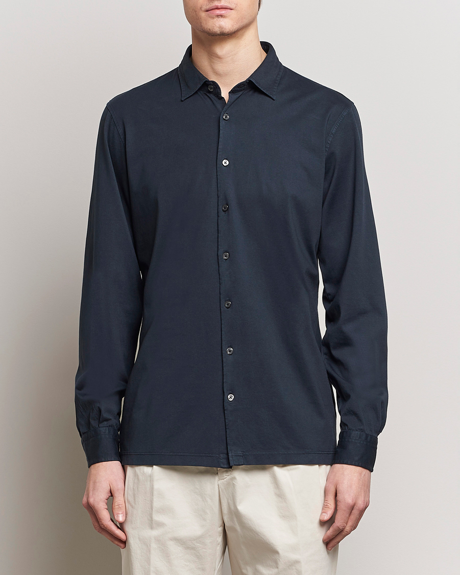 Heren | Poloshirts | Gran Sasso | Washed Cotton Jersey Shirt Navy