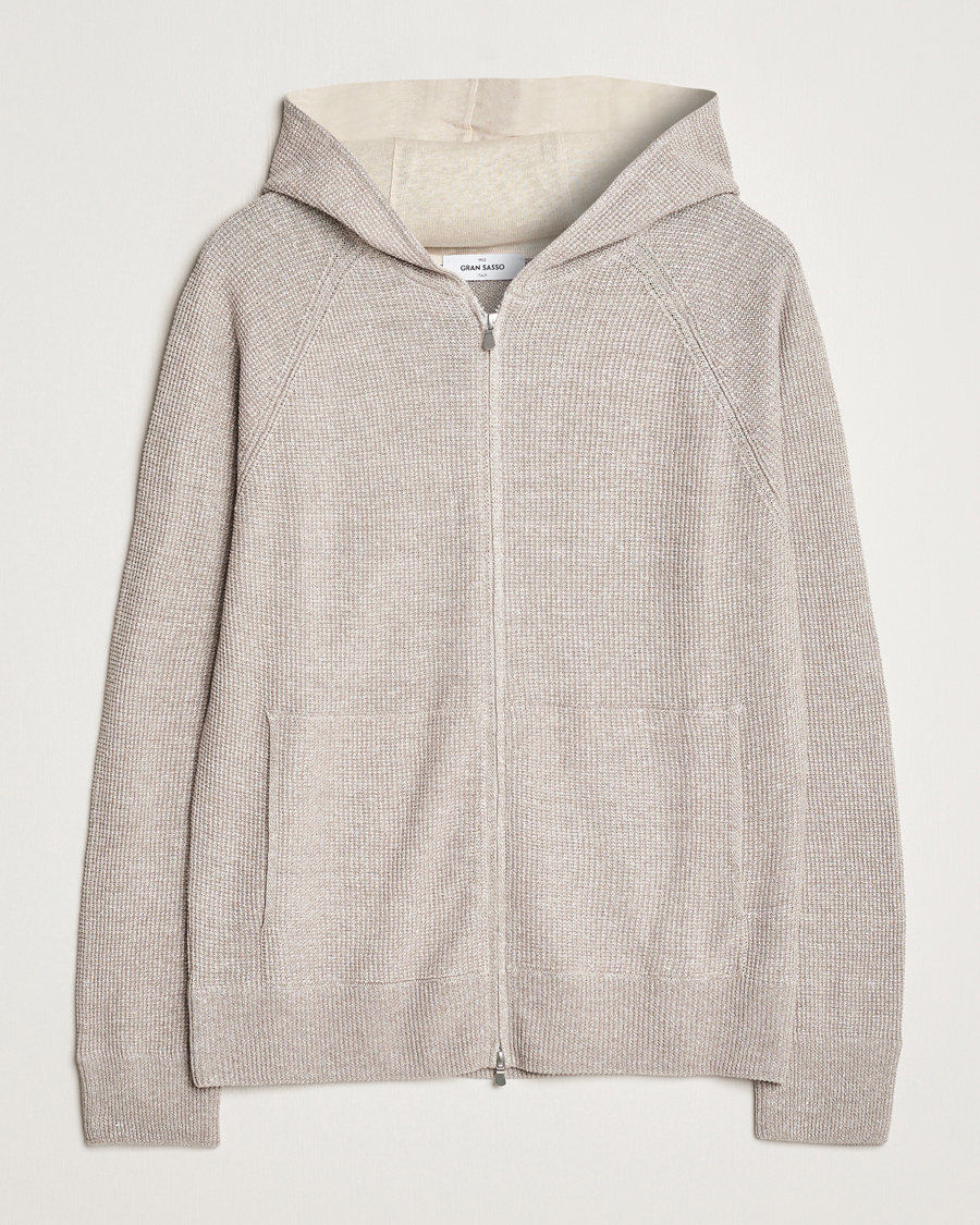 Heren | Truien | Gran Sasso | Linen/Cotton Knitted Hooded Full Zip Beige Melange