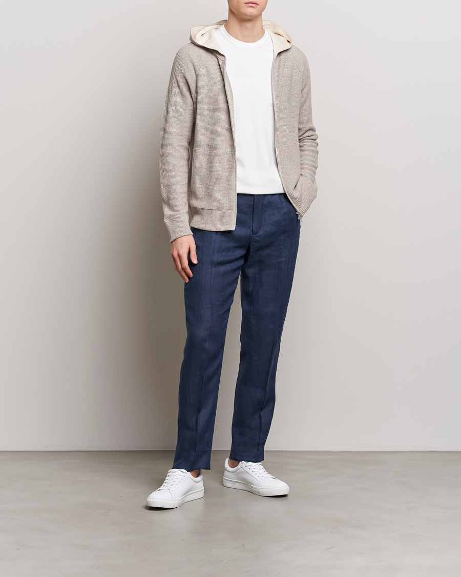Heren | Truien | Gran Sasso | Linen/Cotton Knitted Hooded Full Zip Beige Melange