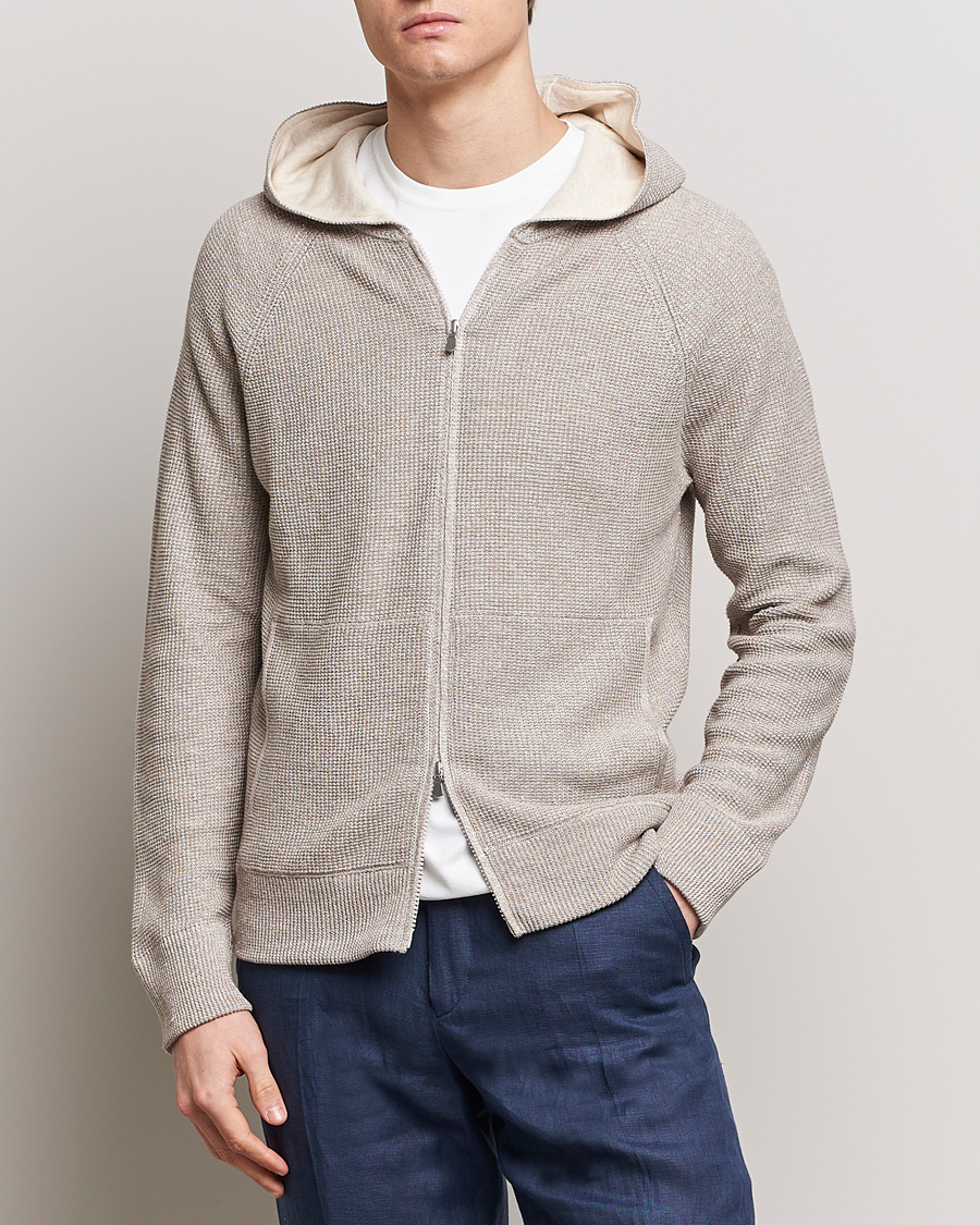 Heren | Hoodies | Gran Sasso | Linen/Cotton Knitted Hooded Full Zip Beige Melange
