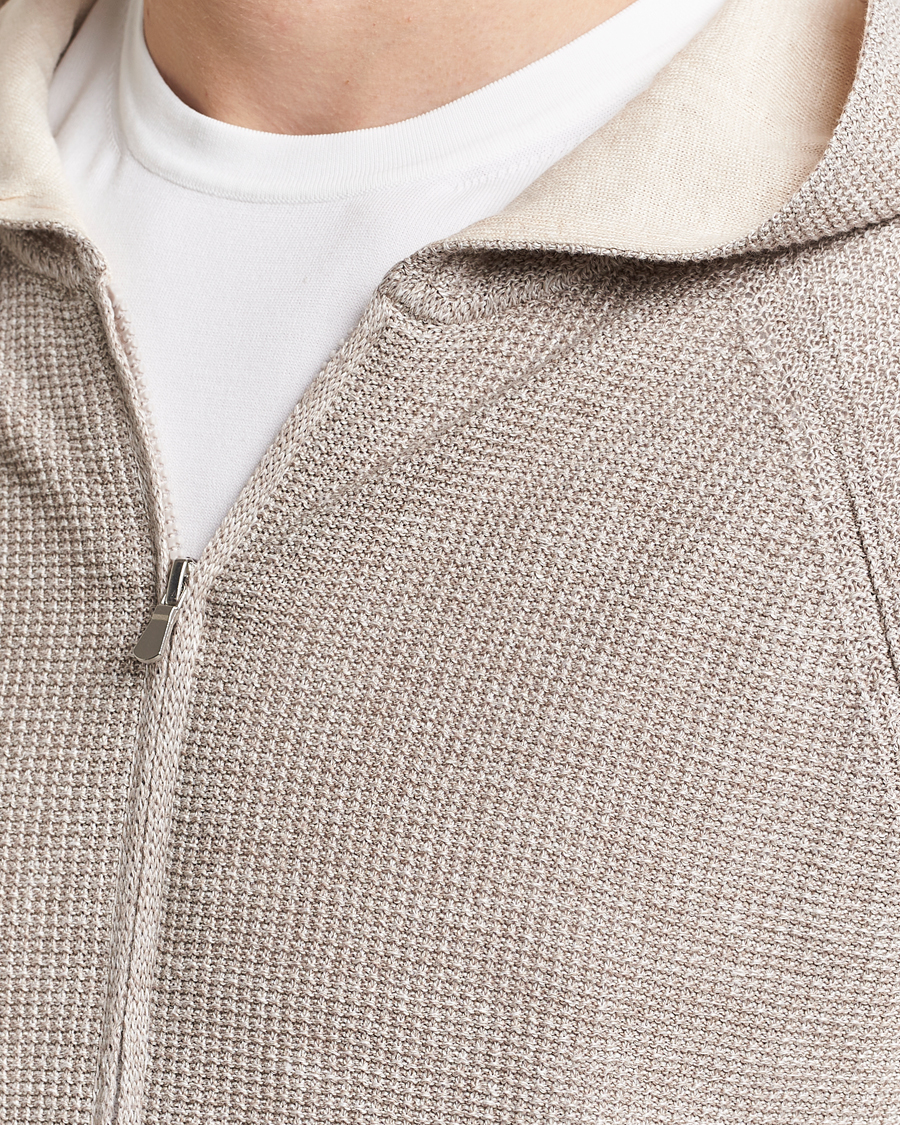 Heren | Truien | Gran Sasso | Linen/Cotton Knitted Hooded Full Zip Beige Melange