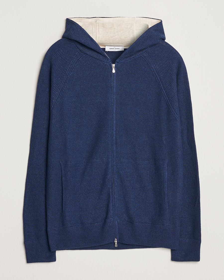 Heren | Truien | Gran Sasso | Linen/Cotton Knitted Hooded Full Zip Navy