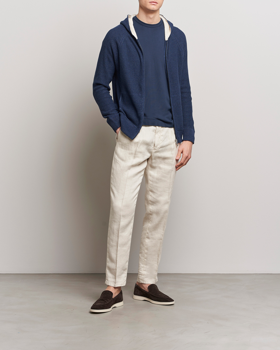 Heren | Truien | Gran Sasso | Linen/Cotton Knitted Hooded Full Zip Navy