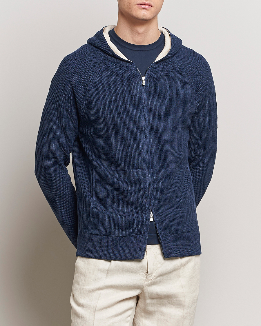 Heren | Italian Department | Gran Sasso | Linen/Cotton Knitted Hooded Full Zip Navy