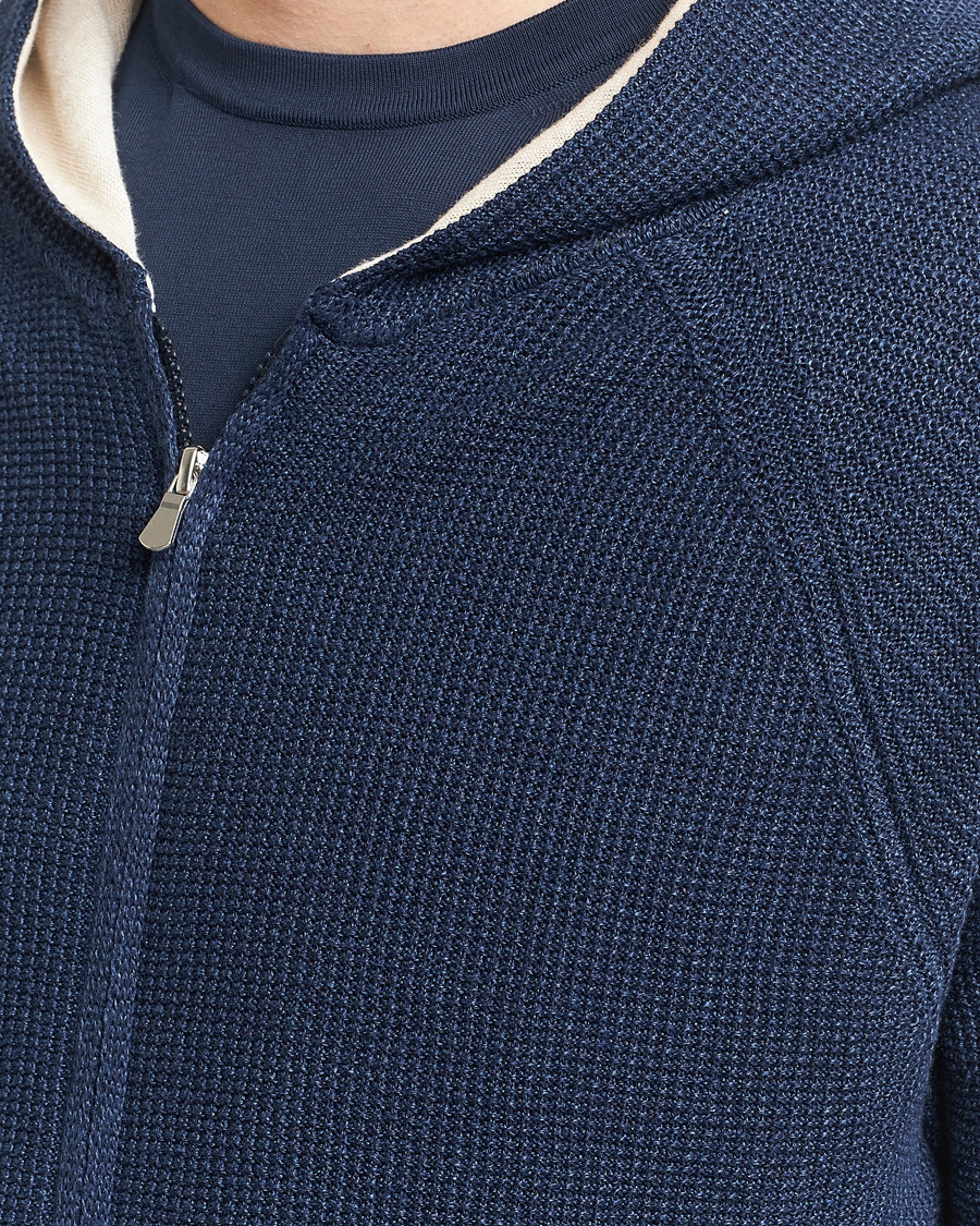 Heren | Truien | Gran Sasso | Linen/Cotton Knitted Hooded Full Zip Navy