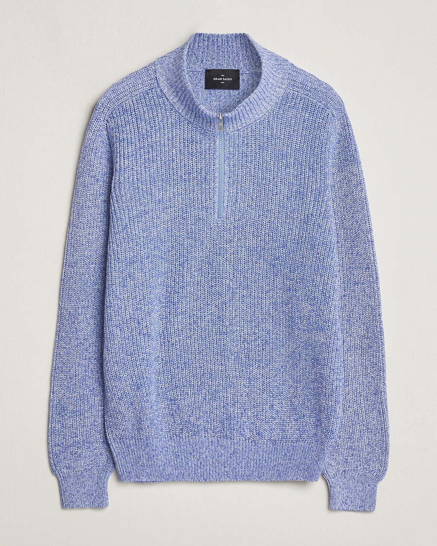Heren | Truien | Gran Sasso | Cotton Heavy Knitted Half Zip Blue Melange