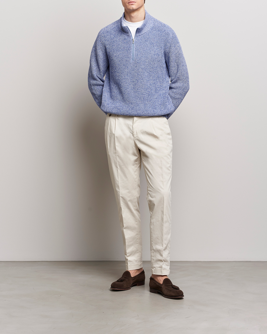 Heren | Truien | Gran Sasso | Cotton Heavy Knitted Half Zip Blue Melange