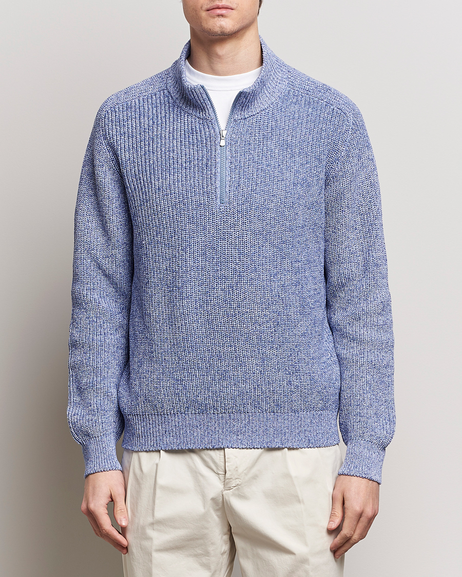 Heren | Italian Department | Gran Sasso | Cotton Heavy Knitted Half Zip Blue Melange