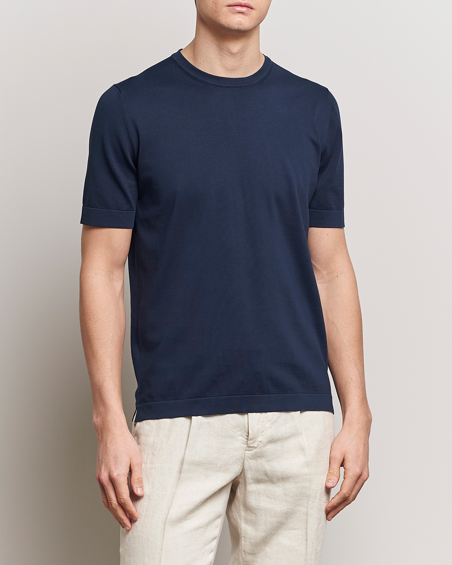 Heren | Afdelingen | Gran Sasso | Cotton Knitted Crew Neck T-Shirt Navy