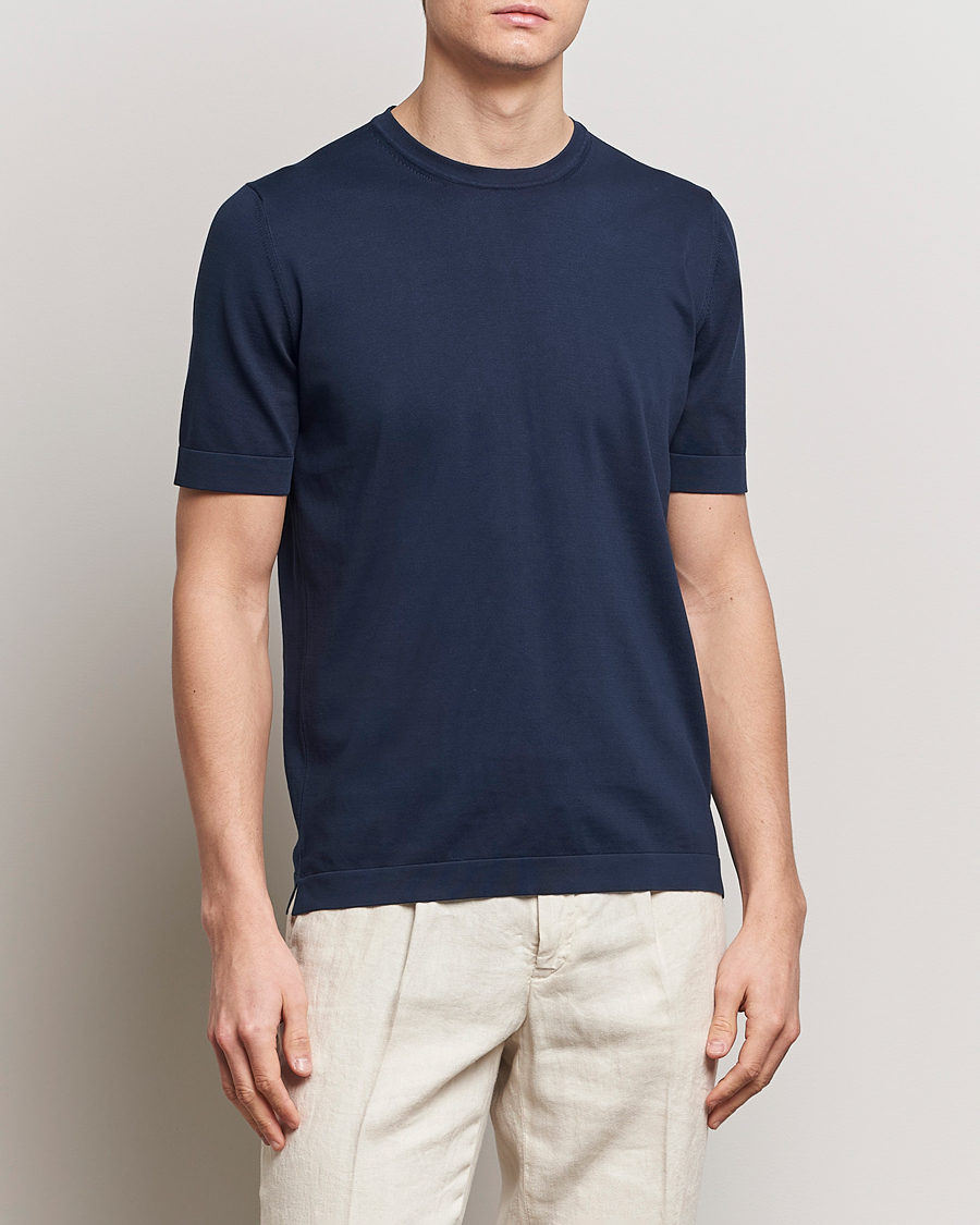 Heren | Italian Department | Gran Sasso | Cotton Knitted Crew Neck T-Shirt Navy