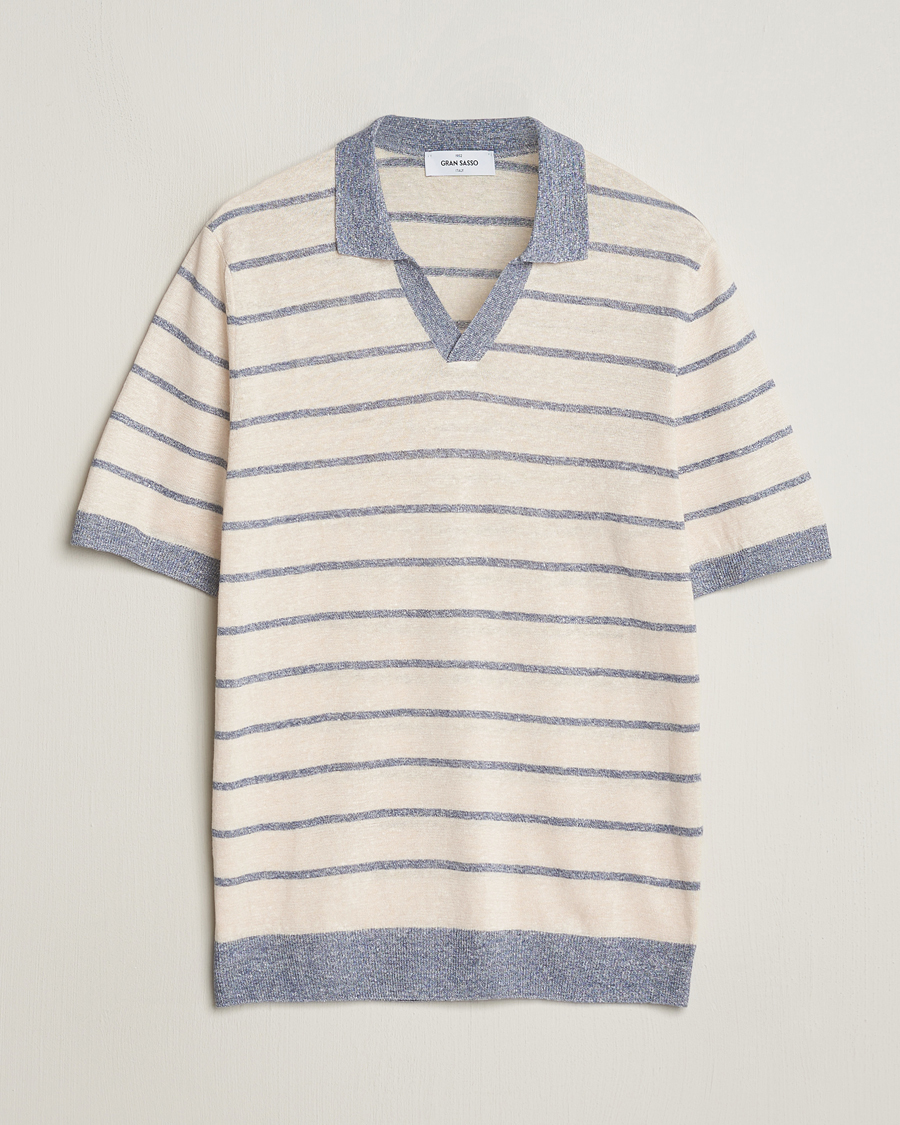 Heren | Polo's | Gran Sasso | Linen/Cotton Knitted Striped Open Collar Polo Cream/Blue