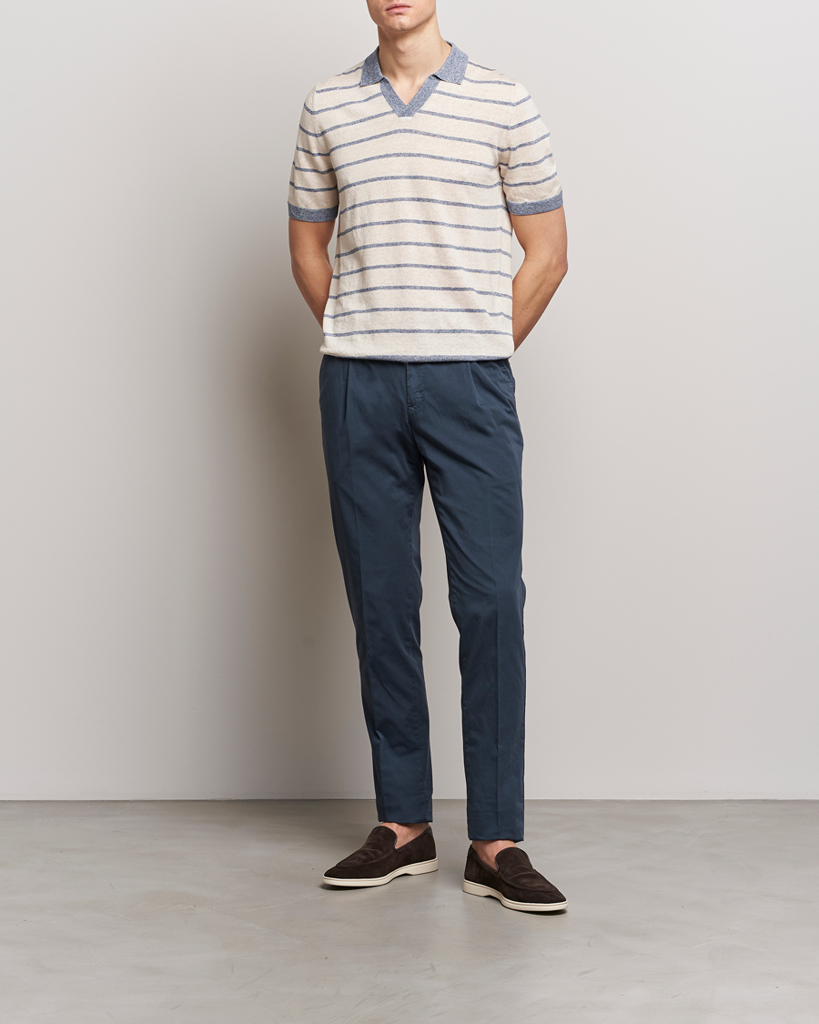 Heren | Polo's | Gran Sasso | Linen/Cotton Knitted Striped Open Collar Polo Cream/Blue