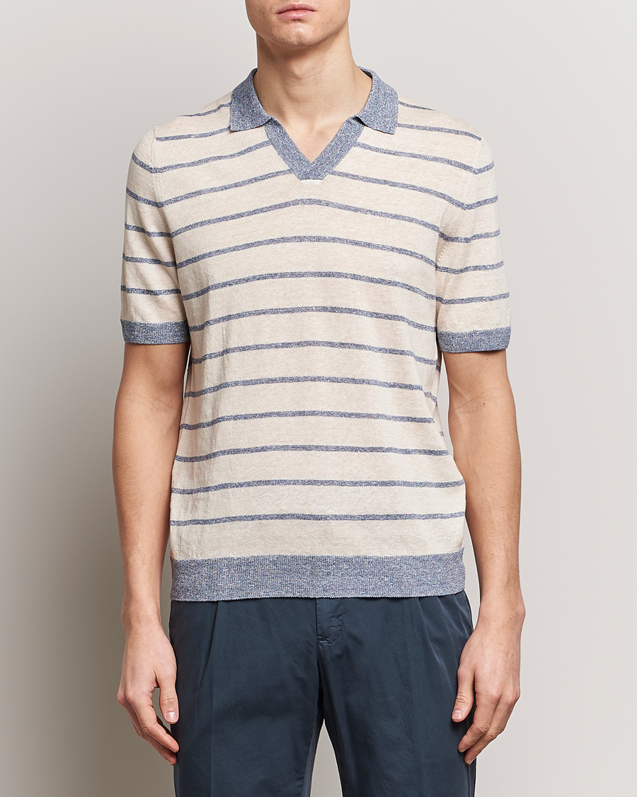 Heren | Afdelingen | Gran Sasso | Linen/Cotton Knitted Striped Open Collar Polo Cream/Blue