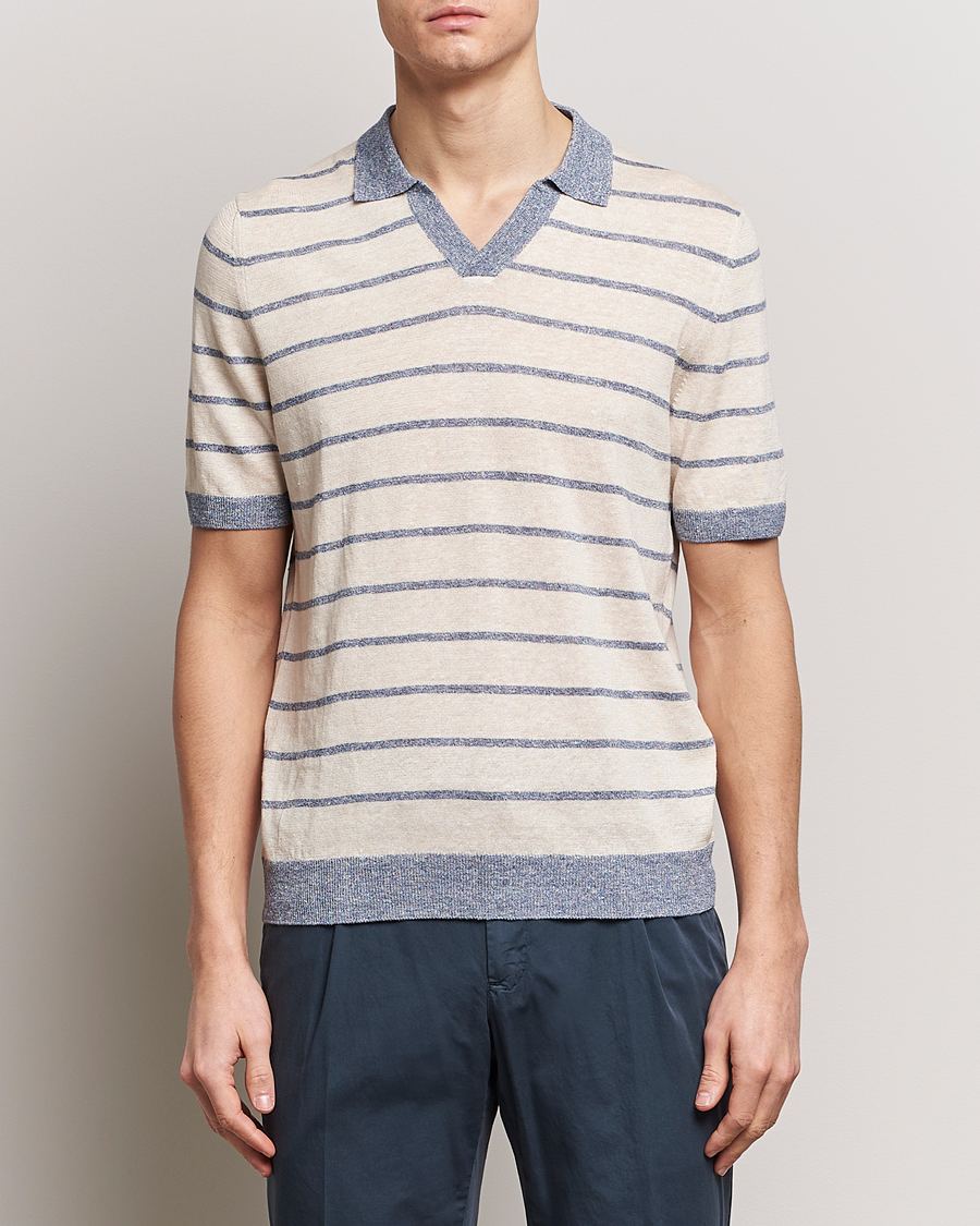 Heren | Italian Department | Gran Sasso | Linen/Cotton Knitted Striped Open Collar Polo Cream/Blue