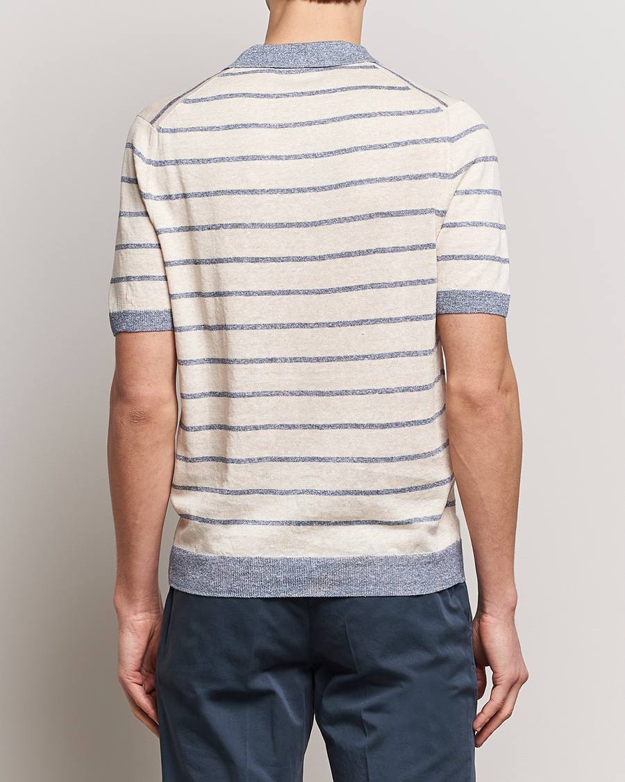 Heren | Polo's | Gran Sasso | Linen/Cotton Knitted Striped Open Collar Polo Cream/Blue