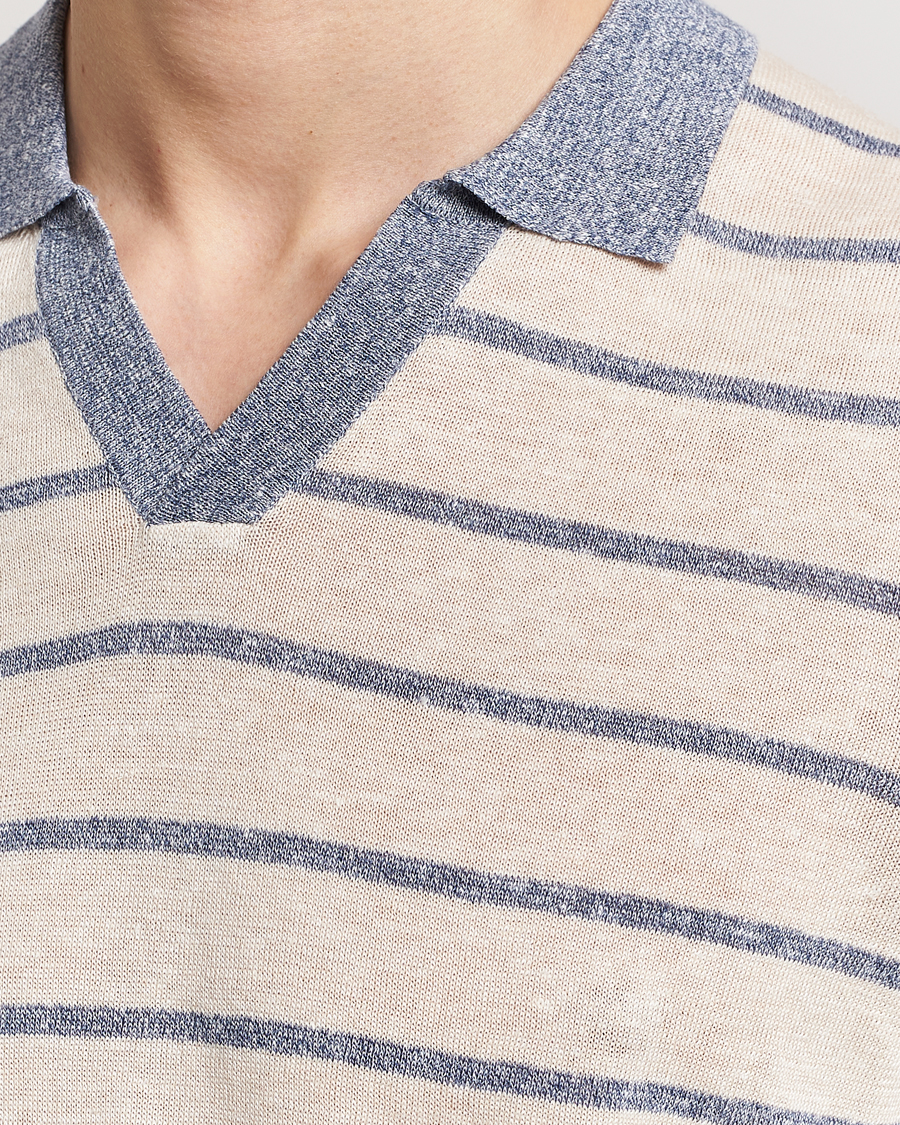 Heren | Polo's | Gran Sasso | Linen/Cotton Knitted Striped Open Collar Polo Cream/Blue