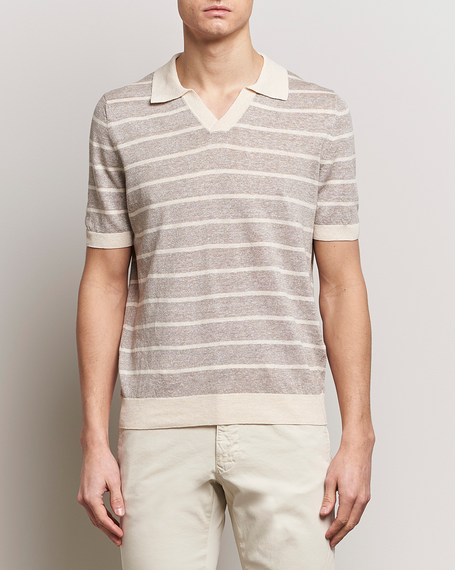 Heren | Gran Sasso | Gran Sasso | Linen/Cotton Knitted Striped Open Collar Polo Beige/Cream