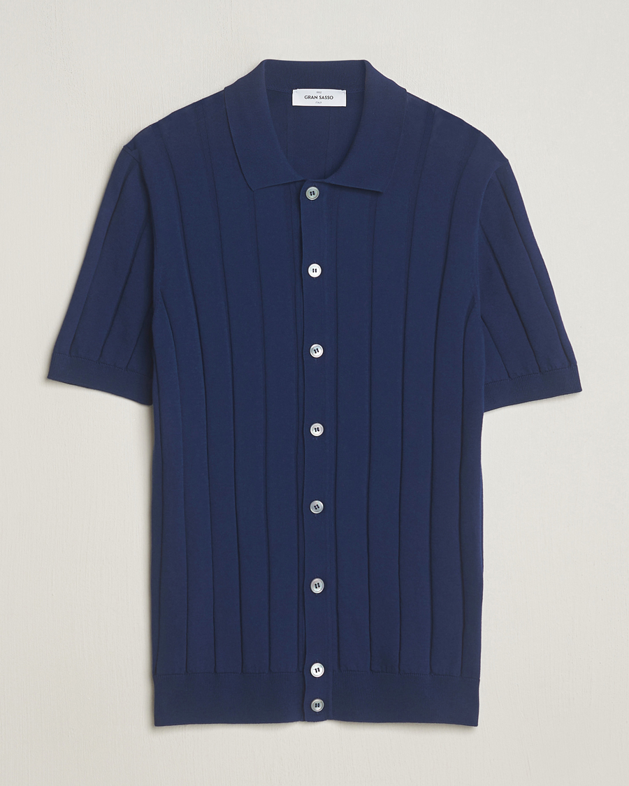 Heren | Overhemden | Gran Sasso | Cotton Structured Knitted Short Sleeve Shirt Light Navy
