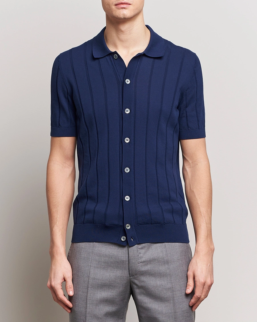 Heren | Afdelingen | Gran Sasso | Cotton Structured Knitted Short Sleeve Shirt Light Navy
